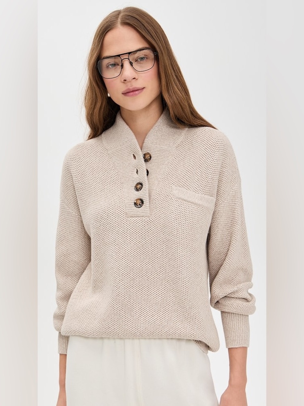 lunya Neutral Beige Knit Cowl Neck Pullover with Buttons